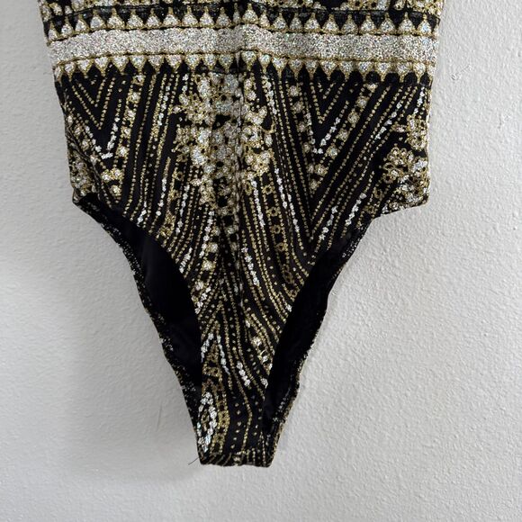 Hello‎ Molly Bodysuit Womens 2 Black Gold Print Sparkly Whimsical Steampunk Y2K - Picture 4 of 12